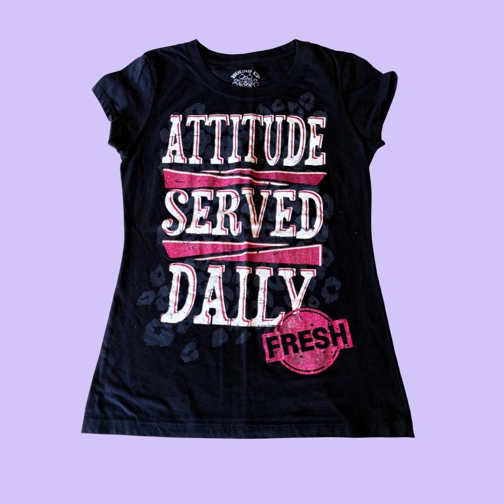 Y2K Wound Up Attitude Served Daily Graphic T-Shirt Scene Glitter #17